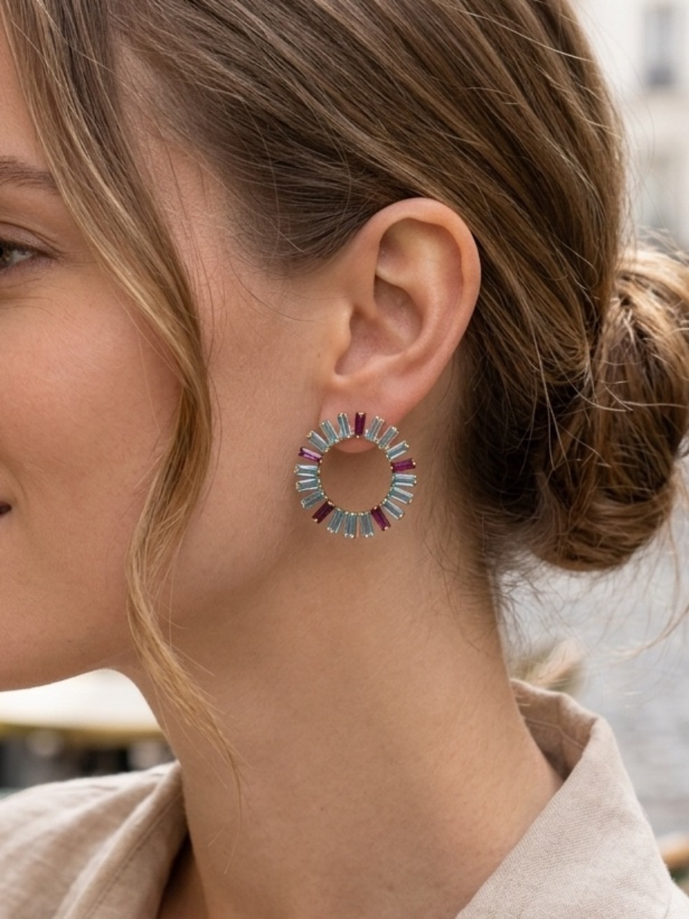 Multicolor Blue Quartz & Amethyst Hoop Earrings - Gold Trim